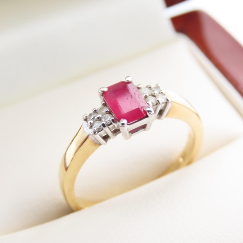 1095 - Emerald Cut Ruby Solitaire Ring with further Diamond Inset to Shoulders Mounted in 18 Carat Yellow G... 