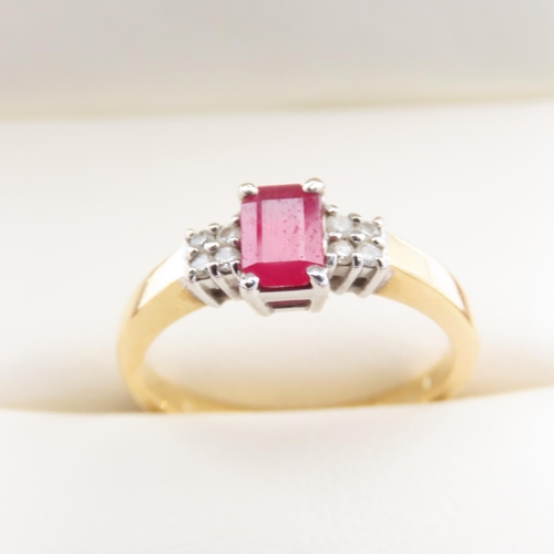 1095 - Emerald Cut Ruby Solitaire Ring with further Diamond Inset to Shoulders Mounted in 18 Carat Yellow G... 