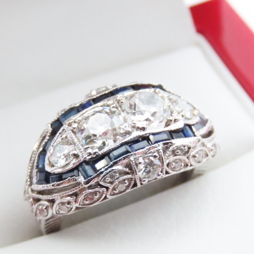 1102 - Art Deco Diamond and Sapphire Cluster Ring Mounted in 18 Carat White Gold Ring Size O Total Diamond ... 