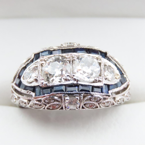 1102 - Art Deco Diamond and Sapphire Cluster Ring Mounted in 18 Carat White Gold Ring Size O Total Diamond ... 