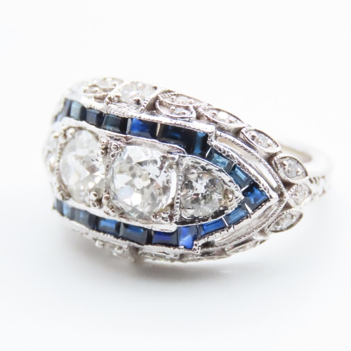 1102 - Art Deco Diamond and Sapphire Cluster Ring Mounted in 18 Carat White Gold Ring Size O Total Diamond ... 