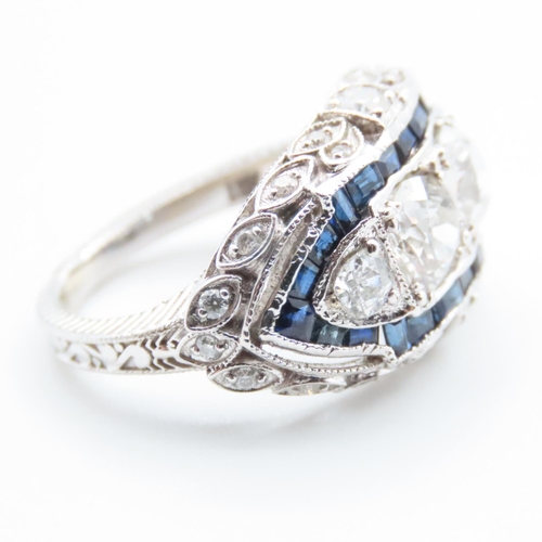 1102 - Art Deco Diamond and Sapphire Cluster Ring Mounted in 18 Carat White Gold Ring Size O Total Diamond ... 