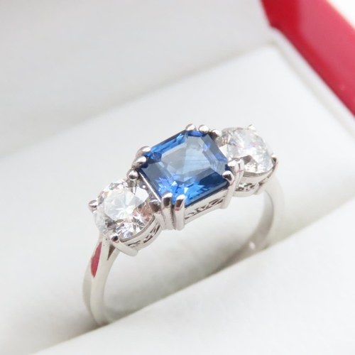 1104 - Cushion Cut Natural Sapphire and Diamond Three Stone Ring Set in Platinum Ring Size N and a Half  .7... 