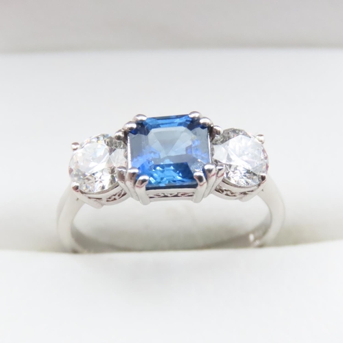 1104 - Cushion Cut Natural Sapphire and Diamond Three Stone Ring Set in Platinum Ring Size N and a Half  .7... 