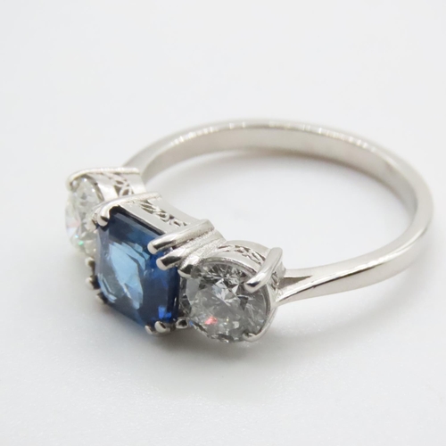 1104 - Cushion Cut Natural Sapphire and Diamond Three Stone Ring Set in Platinum Ring Size N and a Half  .7... 