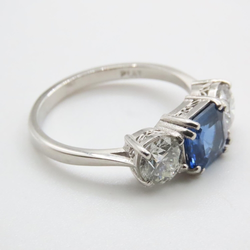 1104 - Cushion Cut Natural Sapphire and Diamond Three Stone Ring Set in Platinum Ring Size N and a Half  .7... 