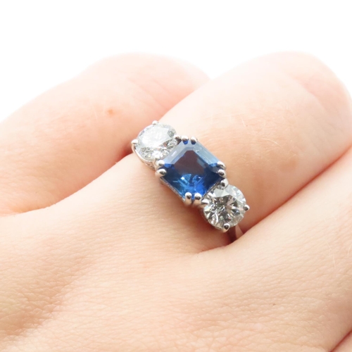 1104 - Cushion Cut Natural Sapphire and Diamond Three Stone Ring Set in Platinum Ring Size N and a Half  .7... 