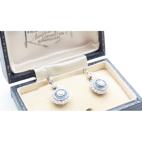 1108 - Pair of Fine Sapphire and Diamond French Cut Art Deco Drop Earrings Set in Platinum 2.5cm Drop Total... 