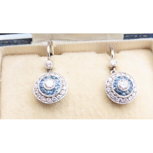 1108 - Pair of Fine Sapphire and Diamond French Cut Art Deco Drop Earrings Set in Platinum 2.5cm Drop Total... 