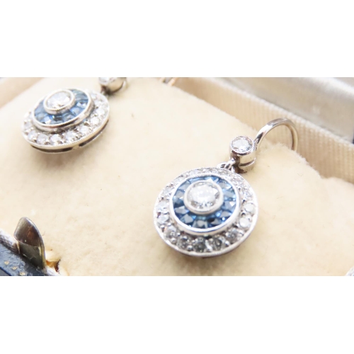 1108 - Pair of Fine Sapphire and Diamond French Cut Art Deco Drop Earrings Set in Platinum 2.5cm Drop Total... 