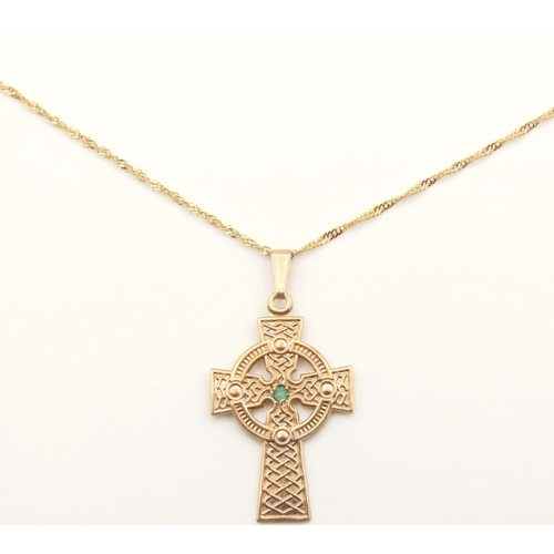 1113 - Emerald Set 9 Carat Yellow Gold Celtic Cross Pendant 3cm High further Set on 9 Carat Yellow Gold Cha... 