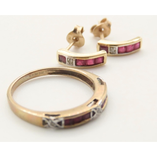 1115 - Pair of Ruby and Diamond Set 9 Carat Yellow Gold Earrings with Matching 9 Carat Yellow Gold Ring Siz... 