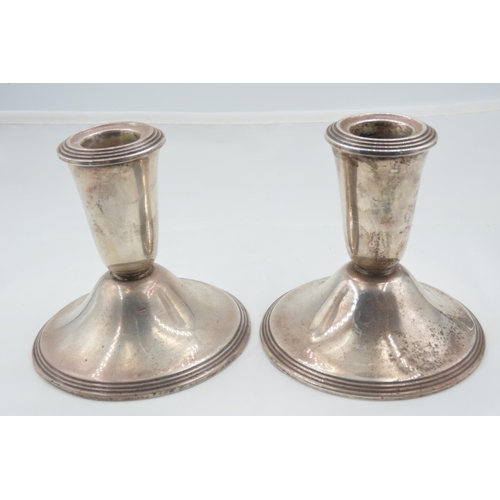 112 - Pair of Silver Candle Rests Turned Pedestal Form Each Approximately 5 Inches High