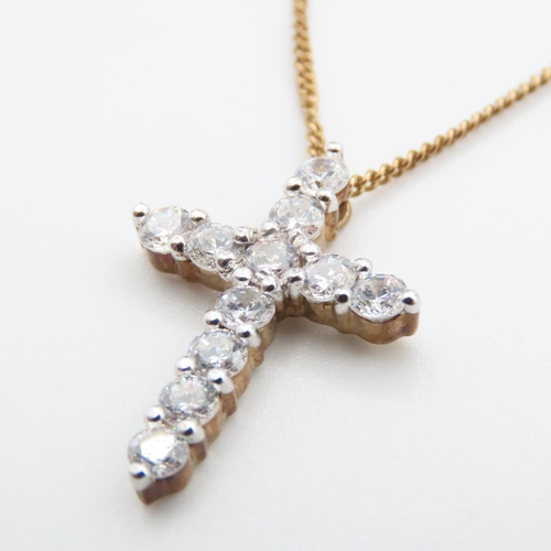 1120 - Gemstone Set Cross Pendant 3cm High Further Set on 9 Carat Yellow Gold Chain 44cm Long