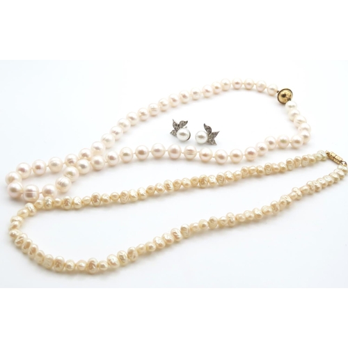 1127 - Two Pairs of Ladies Pearl Necklaces with a Pair of Ladies Silver Pearls Earrings