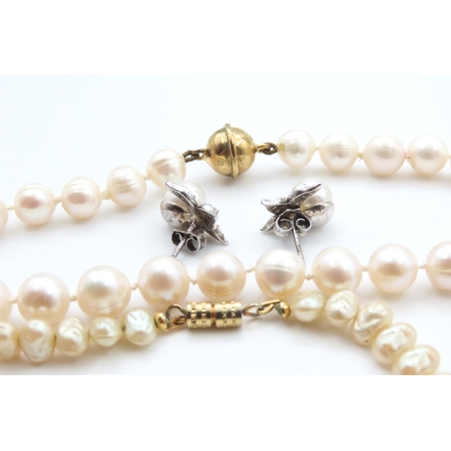 1127 - Two Pairs of Ladies Pearl Necklaces with a Pair of Ladies Silver Pearls Earrings