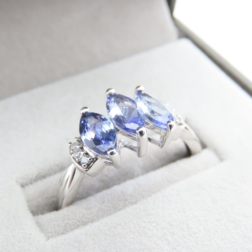 1133 - Three Stone Marquise Cut Tanzanite and Diamond Ring Mounted on 10 Carat White Gold Ring Size S