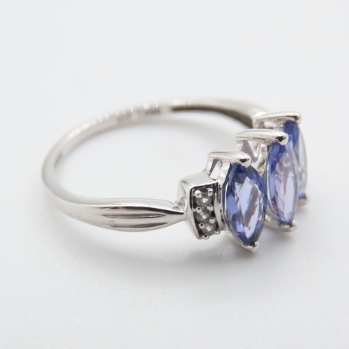 1133 - Three Stone Marquise Cut Tanzanite and Diamond Ring Mounted on 10 Carat White Gold Ring Size S