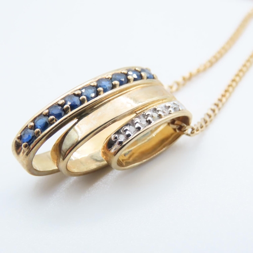 1134 - Sapphire and Diamond Set Pendant Mounted in 9 Carat Yellow Gold 2cm High Further Set on 9 Carat Yell... 