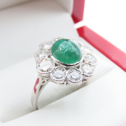 1153 - Cabochon Polished Oval Cut Emerald and Diamond Cluster Ring Set in Platinum Ring Size N and a Half E... 