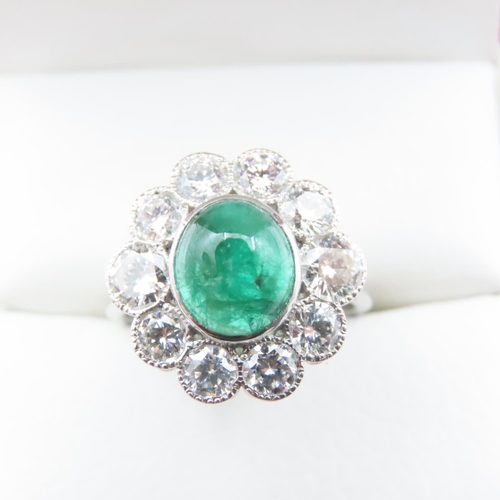 1153 - Cabochon Polished Oval Cut Emerald and Diamond Cluster Ring Set in Platinum Ring Size N and a Half E... 