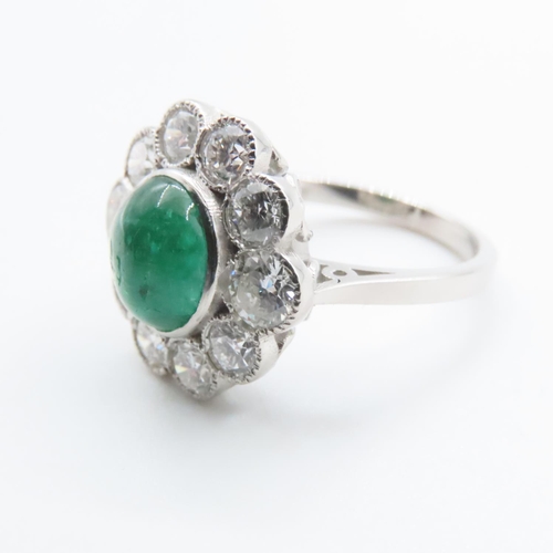 1153 - Cabochon Polished Oval Cut Emerald and Diamond Cluster Ring Set in Platinum Ring Size N and a Half E... 