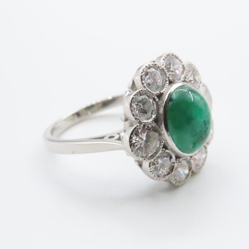 1153 - Cabochon Polished Oval Cut Emerald and Diamond Cluster Ring Set in Platinum Ring Size N and a Half E... 