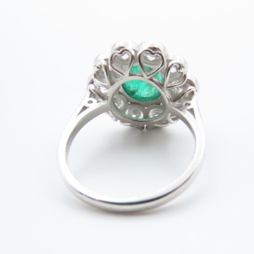 1153 - Cabochon Polished Oval Cut Emerald and Diamond Cluster Ring Set in Platinum Ring Size N and a Half E... 