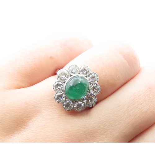 1153 - Cabochon Polished Oval Cut Emerald and Diamond Cluster Ring Set in Platinum Ring Size N and a Half E... 