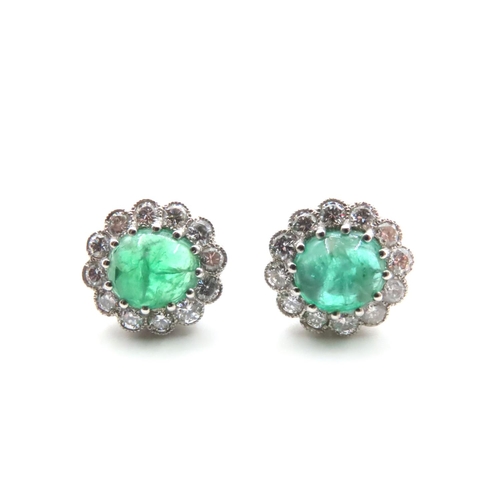 1154 - Pair of Cabochon Polished Oval Cut Emerald and Diamond Cluster Earrings Set in Platinum Emerald 3 Ca... 