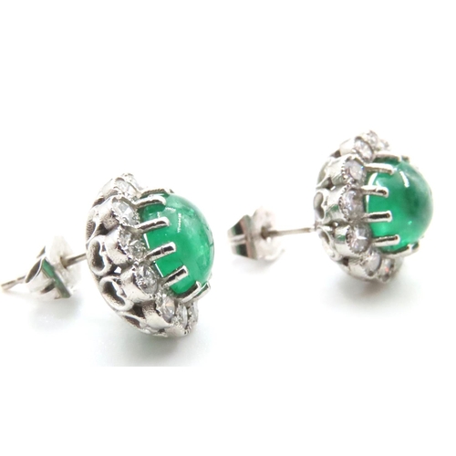 1154 - Pair of Cabochon Polished Oval Cut Emerald and Diamond Cluster Earrings Set in Platinum Emerald 3 Ca... 