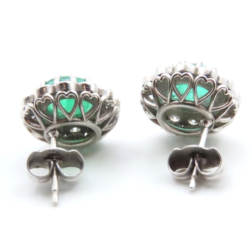 1154 - Pair of Cabochon Polished Oval Cut Emerald and Diamond Cluster Earrings Set in Platinum Emerald 3 Ca... 