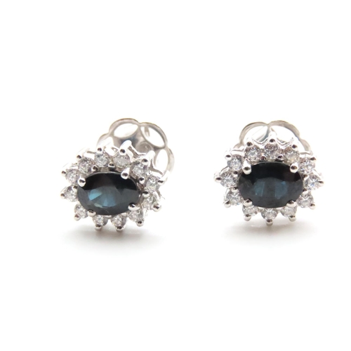 1158 - Pair of Sapphire and Diamond Cluster Earrings Set in 18 Carat White Gold 1.20 Carat Each Sapphire .6... 