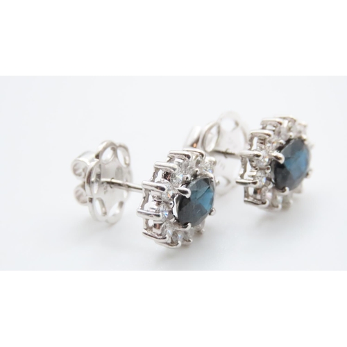 1158 - Pair of Sapphire and Diamond Cluster Earrings Set in 18 Carat White Gold 1.20 Carat Each Sapphire .6... 