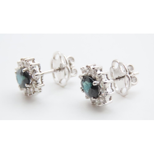 1158 - Pair of Sapphire and Diamond Cluster Earrings Set in 18 Carat White Gold 1.20 Carat Each Sapphire .6... 