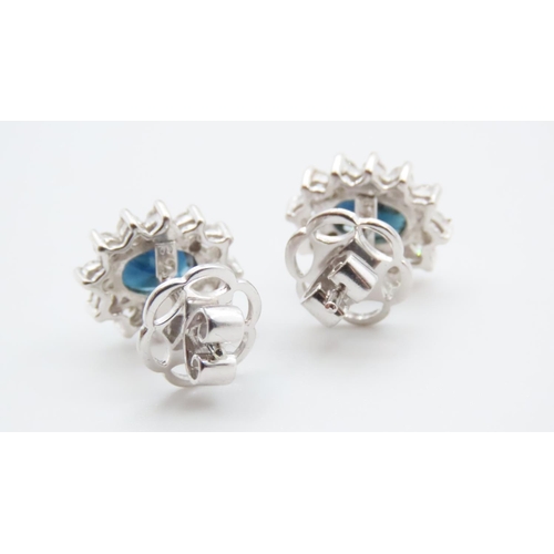 1158 - Pair of Sapphire and Diamond Cluster Earrings Set in 18 Carat White Gold 1.20 Carat Each Sapphire .6... 