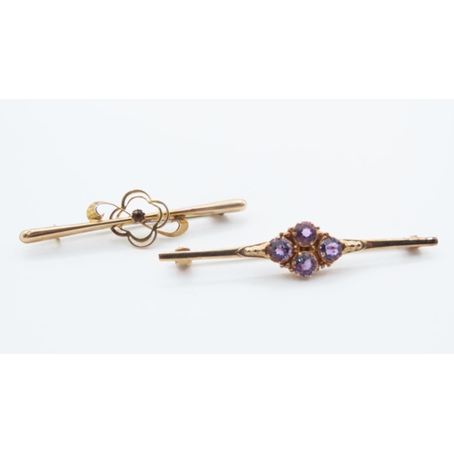 1164 - 9 Carat Yellow Gold Garnet Set Brooch and Another Amethyst Set 9 Carat Yellow Gold Brooch