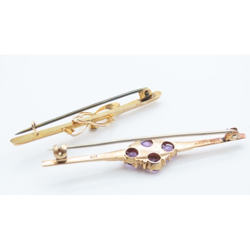 1164 - 9 Carat Yellow Gold Garnet Set Brooch and Another Amethyst Set 9 Carat Yellow Gold Brooch