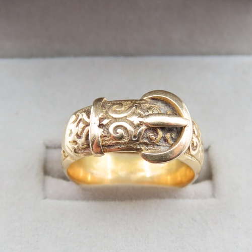 1177 - 18 Carat Yellow Gold Buckle Motif Band Ring Size Q