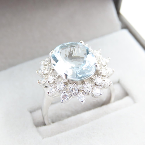 1190 - Aquamarine and Diamond Cluster Ring Mounted on 14 Carat White Gold Band Ring Size O Aquamarine 4 Car... 