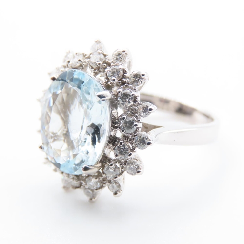 1190 - Aquamarine and Diamond Cluster Ring Mounted on 14 Carat White Gold Band Ring Size O Aquamarine 4 Car... 