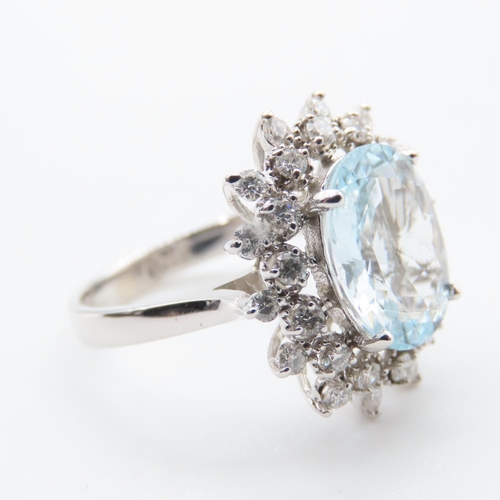 1190 - Aquamarine and Diamond Cluster Ring Mounted on 14 Carat White Gold Band Ring Size O Aquamarine 4 Car... 