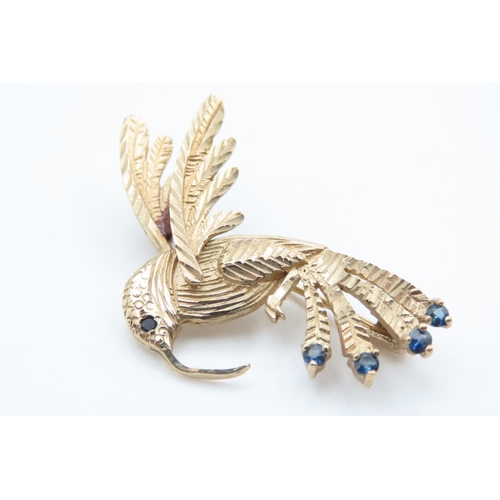 1193 - 9 Carat Yellow Gold Hummingbird Brooch Set with Sapphires 4cm High