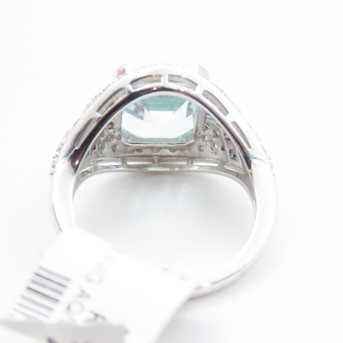 1202 - Emerald Cut Aquamarine, Diamond and Sapphire Cluster Ring Mounted in Platinum Ring Size N