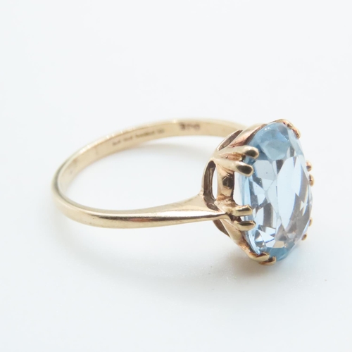 1205 - Basket Set Oval Cut Aquamarine Solitaire Ring Set in 9 Carat Yellow Gold Band Ring Size Q and a Half