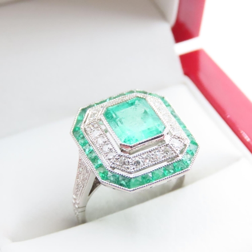 1209 - Emerald and Diamond Panel Set Ring Finely Detailed Canted Corner Cut Setting Incised Detailing and D... 