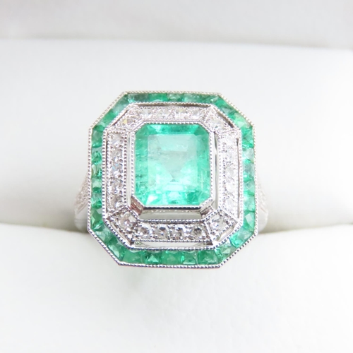 1209 - Emerald and Diamond Panel Set Ring Finely Detailed Canted Corner Cut Setting Incised Detailing and D... 