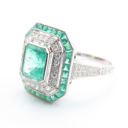 1209 - Emerald and Diamond Panel Set Ring Finely Detailed Canted Corner Cut Setting Incised Detailing and D... 