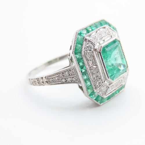 1209 - Emerald and Diamond Panel Set Ring Finely Detailed Canted Corner Cut Setting Incised Detailing and D... 