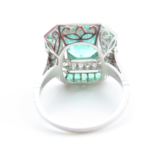 1209 - Emerald and Diamond Panel Set Ring Finely Detailed Canted Corner Cut Setting Incised Detailing and D... 